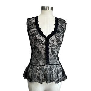 Jewels Y2K Black Lace Peplum Top S Sheer Goth Whimsigoth Fairy Grunge Retro